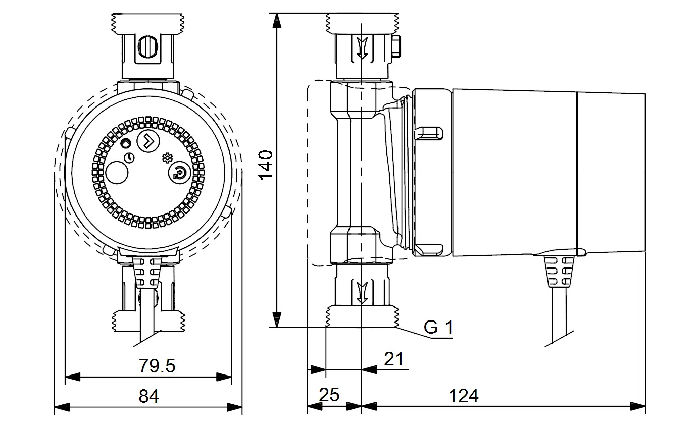 Grundfos Umwälzpumpe mit runder Bauform und Anschlussmöglichkeiten. Abgebildet sind die Seiten- und Draufsicht mit technischen Abmessungen und标志.